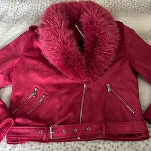 Pink faux fur moto jacket L faux suede rose red side zip belted coat stretch NEW